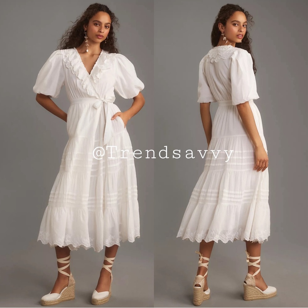 Anthropologie Love the Label White Wrap Tiered Ruffle Maxi Dress XS Bridal New